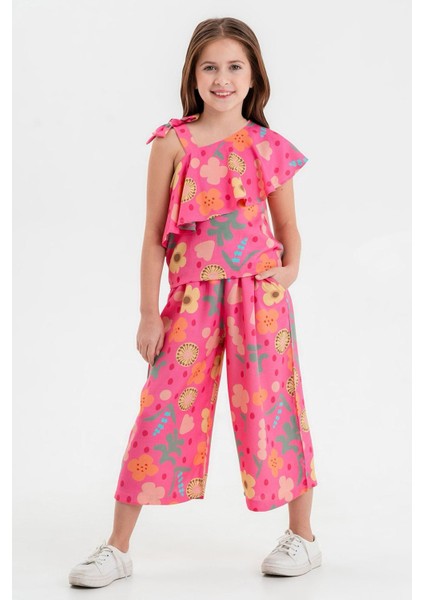 Tek Omuz Askılı Volanlı Kız Çocuk 2 li takım - Fuşya