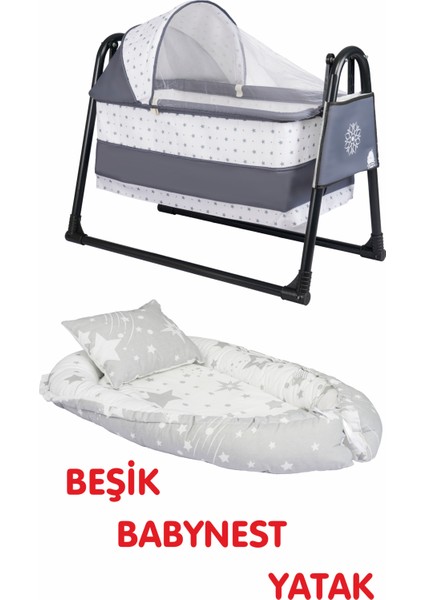 Sallanır Sepet Beşik Bebek Beşiği Black Kadro+Babynest Yatak ve Yastık 2 Li Set