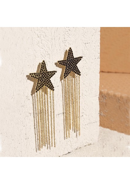 Taşlı Sallanan Siyah Yıldızlar Küpe