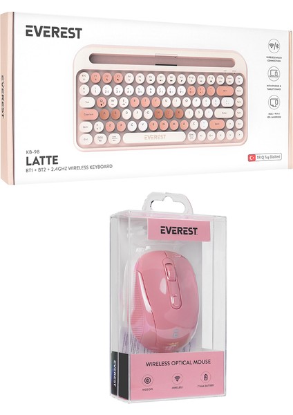 K-98 Latte 2.4g+Bt1+Bt2 Mac Wın Ios Android Kablosuz Bluetooth Klavye + Rose Gold Mouse Klavye Mouse