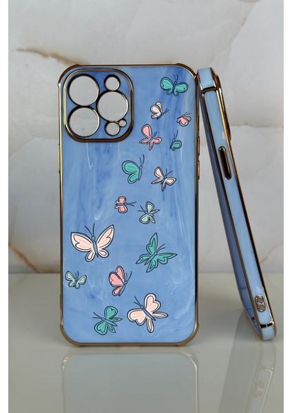 Apple iPhone 12 Kelebek Tasarımlı Mermer Desenli Telefon Kılıfı