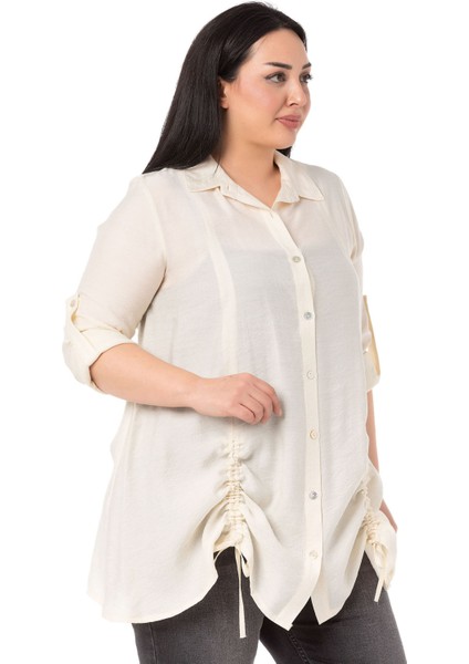 Büyük Beden Katlamalı Kollu Alttan Büzgülü Ekru Gömlek fiyatları