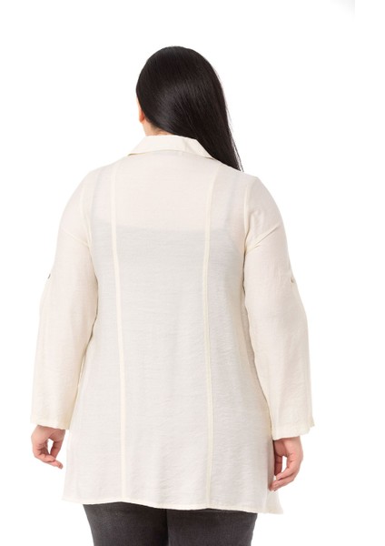 Büyük Beden Katlamalı Kollu Alttan Büzgülü Ekru Gömlek modelleri