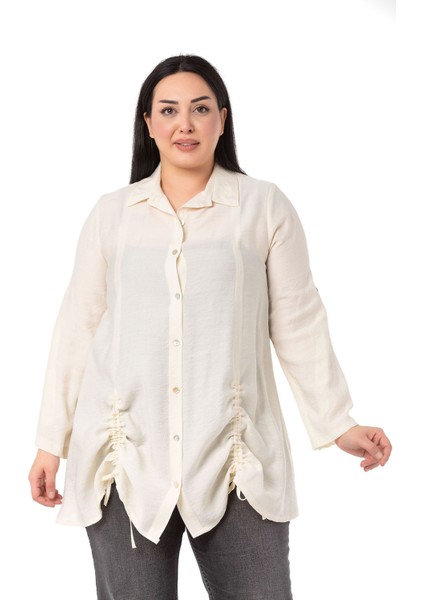 Büyük Beden Katlamalı Kollu Alttan Büzgülü Ekru Gömlek fırsatları