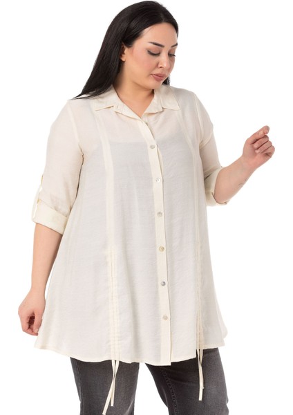 Büyük Beden Katlamalı Kollu Alttan Büzgülü Ekru Gömlek indirimleri
