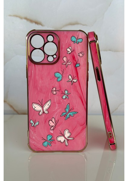 Apple iPhone 12 Pro Max Kelebek Tasarımlı Mermer Desenli Telefon Kılıfı