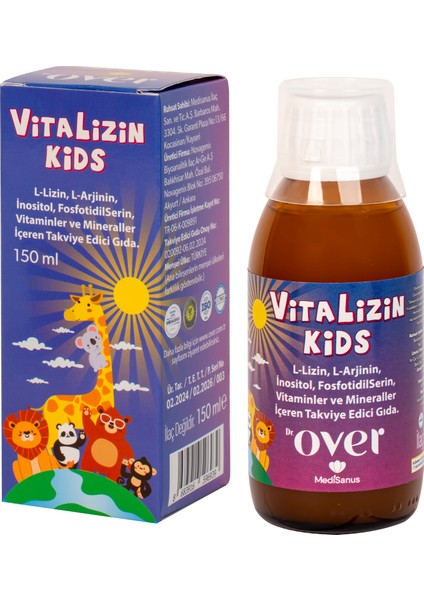 Dr.over Vitalizin Kids L-Lizin L-Arjinin Inositol Fosfotidilserin Vitamin ve Mineral İçeren Takviye Edici Gıda