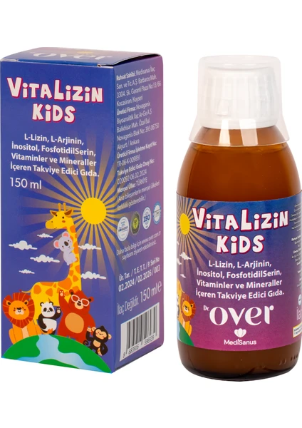 Dr. Over Vitalizin Kids L-lizin, L-arjinin, Inositol, Fosfotidilserin, Vitamin ve Mineralleri İçeren Takviye Edici Gıda - 1 kutu