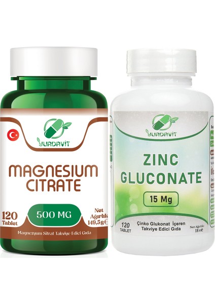 Set 120 Tablet Magnezyum Sitrat 500 Mg Magnesium Citrate Çinko Glukonat Zinc Gluconate