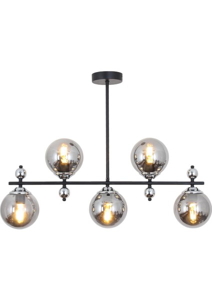 Serra 5 Li Siyah Krom Avize Füme Camlı Modern Mutfak Yemek Masası Üstü Yatak Odası Salon Avize modelleri