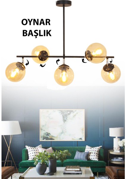 Lona 5 Li Siyah Oynar Başlıklı Avize Bal Glop Cam Modern Mutfak Yemek Masası Üstü Yatak Odası Salon Avize