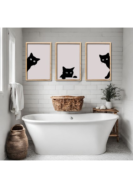 3'lü Ahşap Lamine Çerçeveli Mdf Banyo Tablosu Siyah Kediler