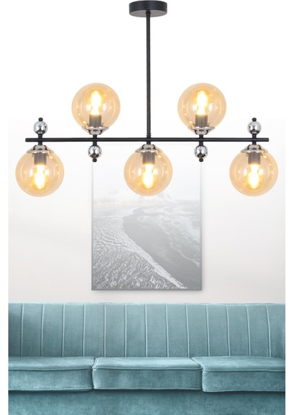 Serra 5 Li Siyah Krom Avize Bal Camlı Modern Mutfak Yemek Masası Üstü Yatak Odası Salon Avize
