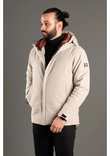 Erkek Çift Kapüşonlu Krem Renk Şişme Kaban