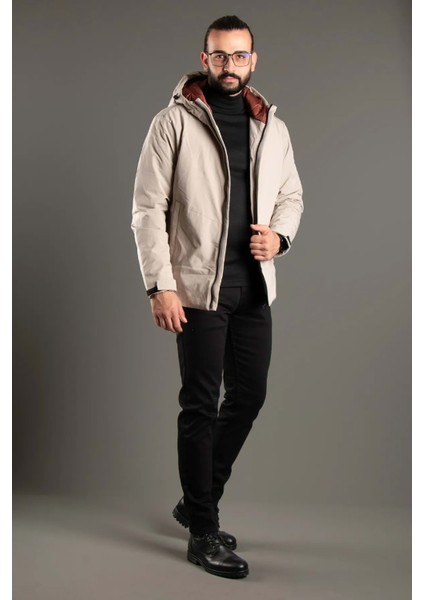 Erkek Çift Kapüşonlu Krem Renk Şişme Kaban fiyatları