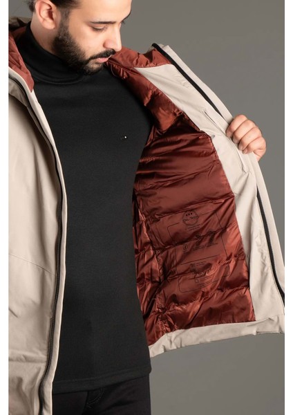 Erkek Çift Kapüşonlu Krem Renk Şişme Kaban indirimleri