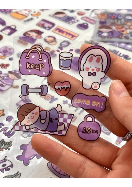 Sevimli Kız ve Sevimli Dostları Mor Şeffaf Pet 20 Yaprak Sticker Set su Geçirmez Bullet Journal