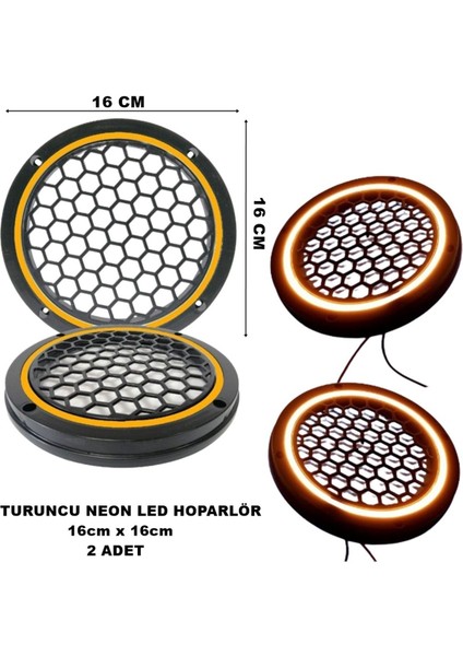 16X16 cm Neon LED Işıklı Midrange Hoparlör Kapağı Yuvarlak Çiftli (2 Adet) Turuncu Renk