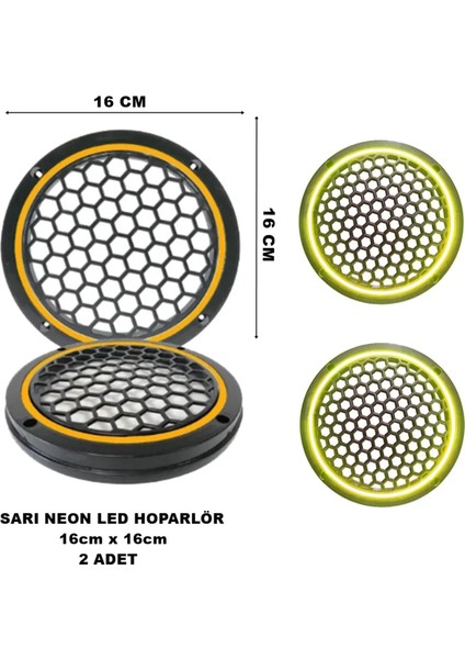 16X16 cm Neon LED Işıklı Midrange Hoparlör Kapağı Yuvarlak Çiftli (2 Adet) Sarı Renk