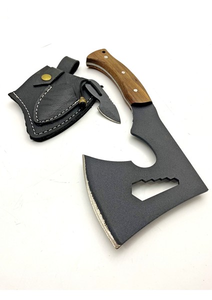 El Yapımı Ceviz Saplı Dövme Çelikten Av ve Kamp Bıçağı, Balta Kılıflı