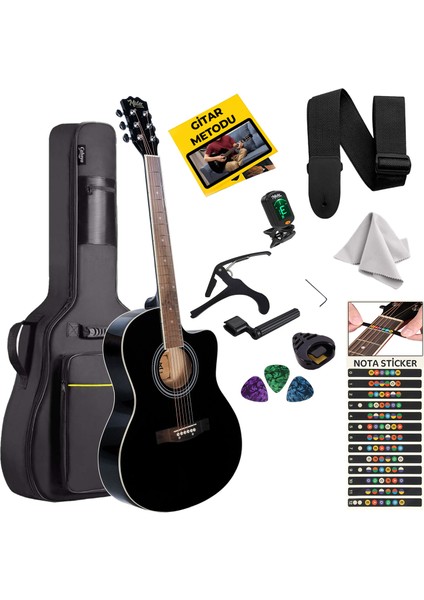 XC-200BK Kesik Kasa Siyah Akustik Gitar 4/4 Yetişkin Üst Segment (Gigbag Çanta Tuner Capo Askı Pena) fiyatları