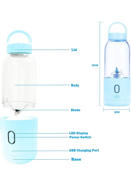 Taşınabilir Blender, Kişisel Blenderler Mini Smoothie'ler ve Çalkalayıcılar Meyve Sıkacağı Bardağı USB Şarj Edilebilir Buz Blender Mikseri Ev(Mavi) (Yurt Dışından)