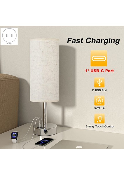 Başucu Masa Lambası Dokunmatik Kontrol Yazma Lambaları Usb-C Usb-A Şarj Portu USB Lamba Abajur Çalışması Abd Plug (Yurt Dışından)