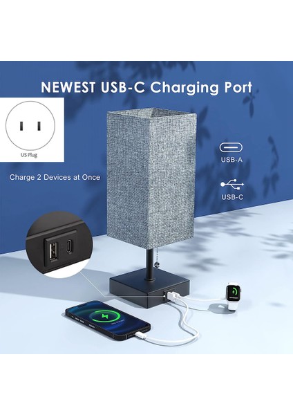 Başucu Masa Lambası, 2 USB Şarj Bağlantı Noktalı Çekme Zinciri Masa Lambası, Abajurlu LED Ampul, Komidin Lambası, Abd Tak (Yurt Dışından)