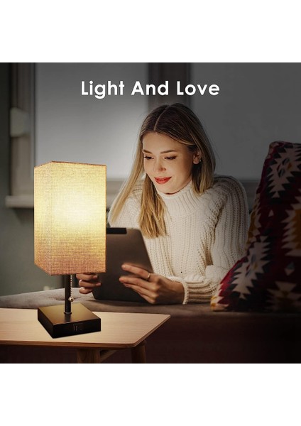 Başucu Masa Lambası, 2 USB Şarj Bağlantı Noktalı Çekme Zinciri Masa Lambası, Abajurlu LED Ampul, Komidin Lambası, Abd Tak (Yurt Dışından)