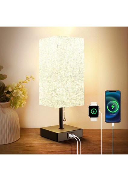 Başucu Masa Lambası, 2 USB Şarj Bağlantı Noktalı Çekme Zinciri Masa Lambası, Abajurlu LED Ampul, Komidin Lambası, Abd Tak (Yurt Dışından)