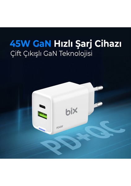 BX2P46G Gan Pd 45W Type-C ve Usb-A Qc 18W Çift Portlu Akım Korumalı Hızlı Şarj Cihazı Beyaz