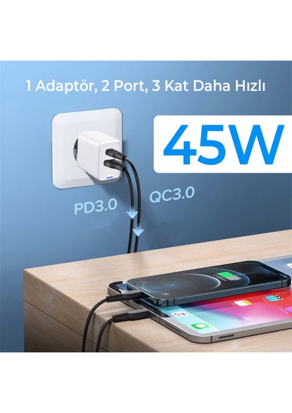 BX2P46G Gan Pd 45W Type-C ve Usb-A Qc 18W Çift Portlu Akım Korumalı Hızlı Şarj Cihazı Beyaz