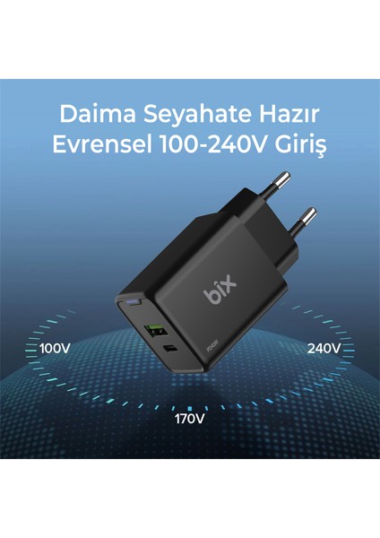 BX2P46G Gan Pd 45W Type-C ve Usb-A Qc 18W Çift Portlu Akım Korumalı Hızlı Şarj Cihazı Siyah