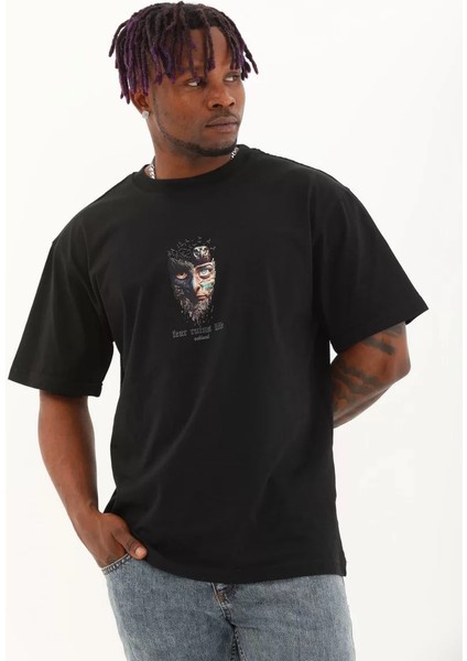 Unisex Oversize Baskılı Bisiklet Yaka T-Shirt - Siyah