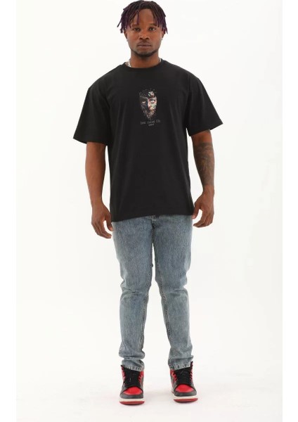 Unisex Oversize Baskılı Bisiklet Yaka T-Shirt - Siyah modelleri