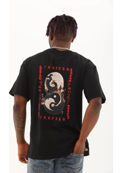 Unisex Oversize Baskılı Bisiklet Yaka T-Shirt - Siyah fırsatları