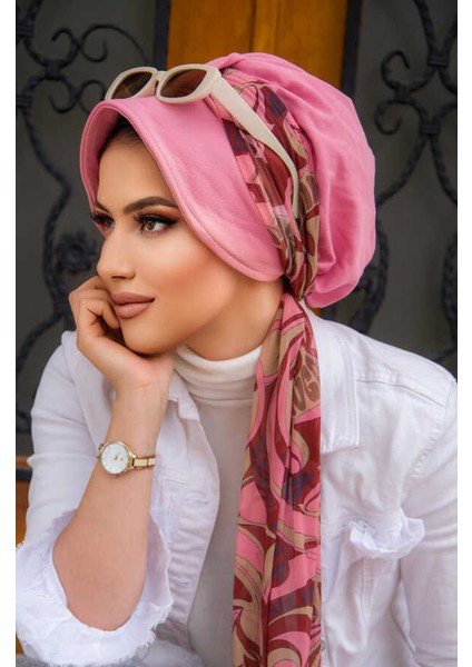 Gülkurusu Bordo Desen Fularlı Şapka Bone