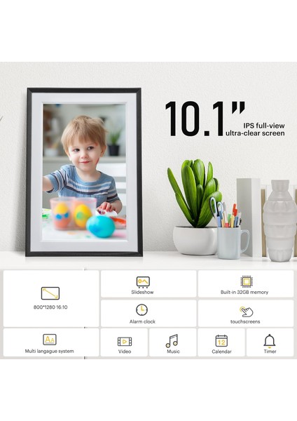 10.1 Inc Dijital Fotoğraf Çerçevesi, Wifi - 800X1280 Dokunmatik Ekran