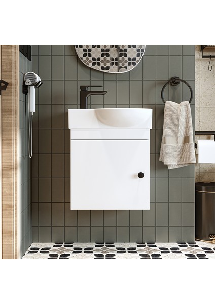 Ayaksız Tek Kapaklı Sol Lavabolu 46 cm Banyo Alt Dolabı