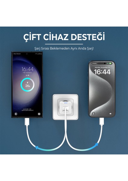 BX2P30G Gan Pd 30W Type-C ve Usb-A Qc 18W Çift Portlu Akım Korumalı Mini Hızlı Şarj Cihazı Beyaz indirimleri