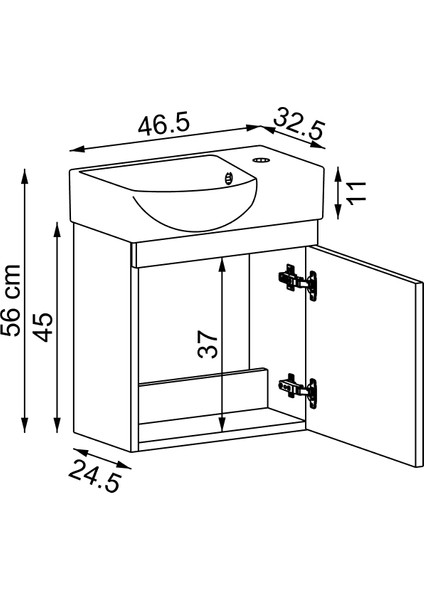 Ayaksız Tek Kapaklı Sağ Lavabolu 46 cm Banyo Alt Dolabı