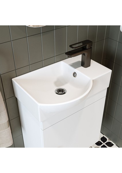 Ayaksız Tek Kapaklı Sağ Lavabolu 46 cm Banyo Alt Dolabı