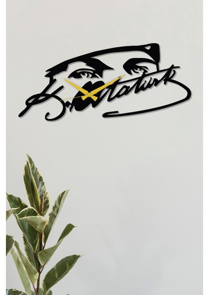 Atatürk Bakış ve Imza Siyah Metal Duvar Saati - Ev & Ofis Saati - Hediye Saat 60 x 27 cm