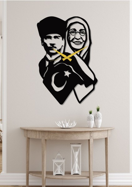 Atatürk ve Annesi Zübeyde Hanım Siyah Metal Duvar Saati-Ev/ofis Saati-Hediye Saat 55X38 cm