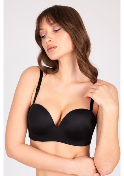 Çift Dolgulu Destekli Double Push Up Straplez Telsiz Siyah Sütyen