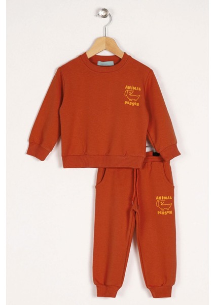 Bisiklet Yaka Uzun Kol Anımal Person Baskılı Kiremit Renk Erkek Çocuk Esofman Takım