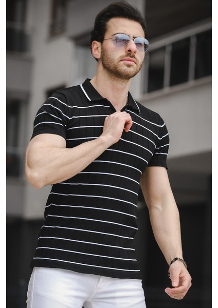 Ht 340008 Çizgili Fermuarlı Polo Yaka Erkek Triko Tshirt