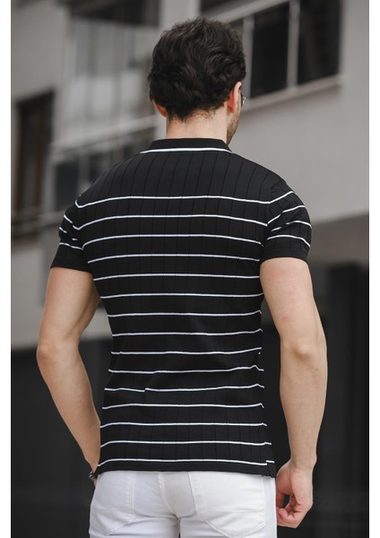 Ht 340008 Çizgili Fermuarlı Polo Yaka Erkek Triko Tshirt