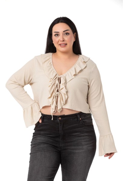 Büyük Beden Yakası ve Kolu Fırfır Detaylı Bağlamalı Bej Rengi Bolero fiyatları