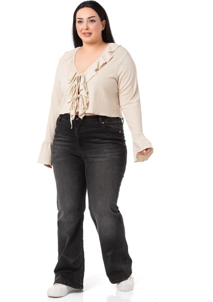 Büyük Beden Yakası ve Kolu Fırfır Detaylı Bağlamalı Bej Rengi Bolero indirimleri